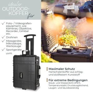 Schwarzer HMF ODK400 Outdoor Kamerakoffer Trolley mit Rasterschaumstoff, offen im Gras, für sicheren Transport von Fotoausrüstung.