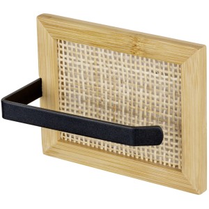 Wenko Toilettenpapierhalter Allegre aus Bambus und Rattan mit schwarzem Haltebügel.