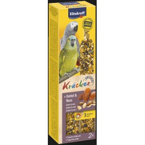 Vitakraft Kräcker Dattel Nuss, 2 Stück. Papageienfutter mit Datteln und Nüssen auf Holzstab.