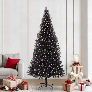 Schwarzer vidaXL Weihnachtsbaum mit 300 LEDs, 240 cm hoch, mit lila Kugeln und Ständer.