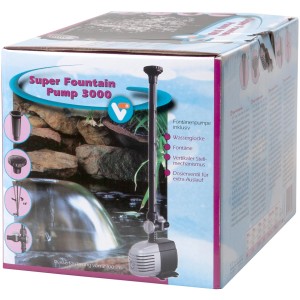 Verpackung der VT Teichpumpe Super Fountain 3000 mit Fontäne. Teichpumpe für Gartenteiche.