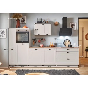 Moderne pino Küchenzeile, 300cm, Kaschmirgrau matt, mit Geräten, Apothekerschrank und Eichen-Arbeitsplatte.