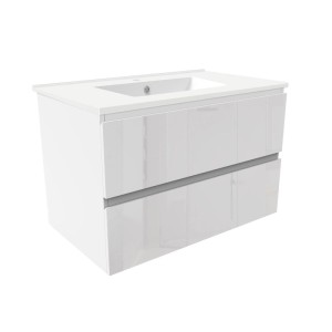 Weißer Hochglanz Waschtisch 80cm mit Keramik Waschbecken und grifflosen Unterschrank mit 2 Schubladen. Modernes Badmöbel Set.