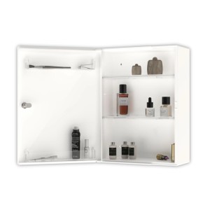 Jokey Medizinschrank Standard, weiß hochglänzend, offen mit verstellbaren Ablagen und Türfächern.
