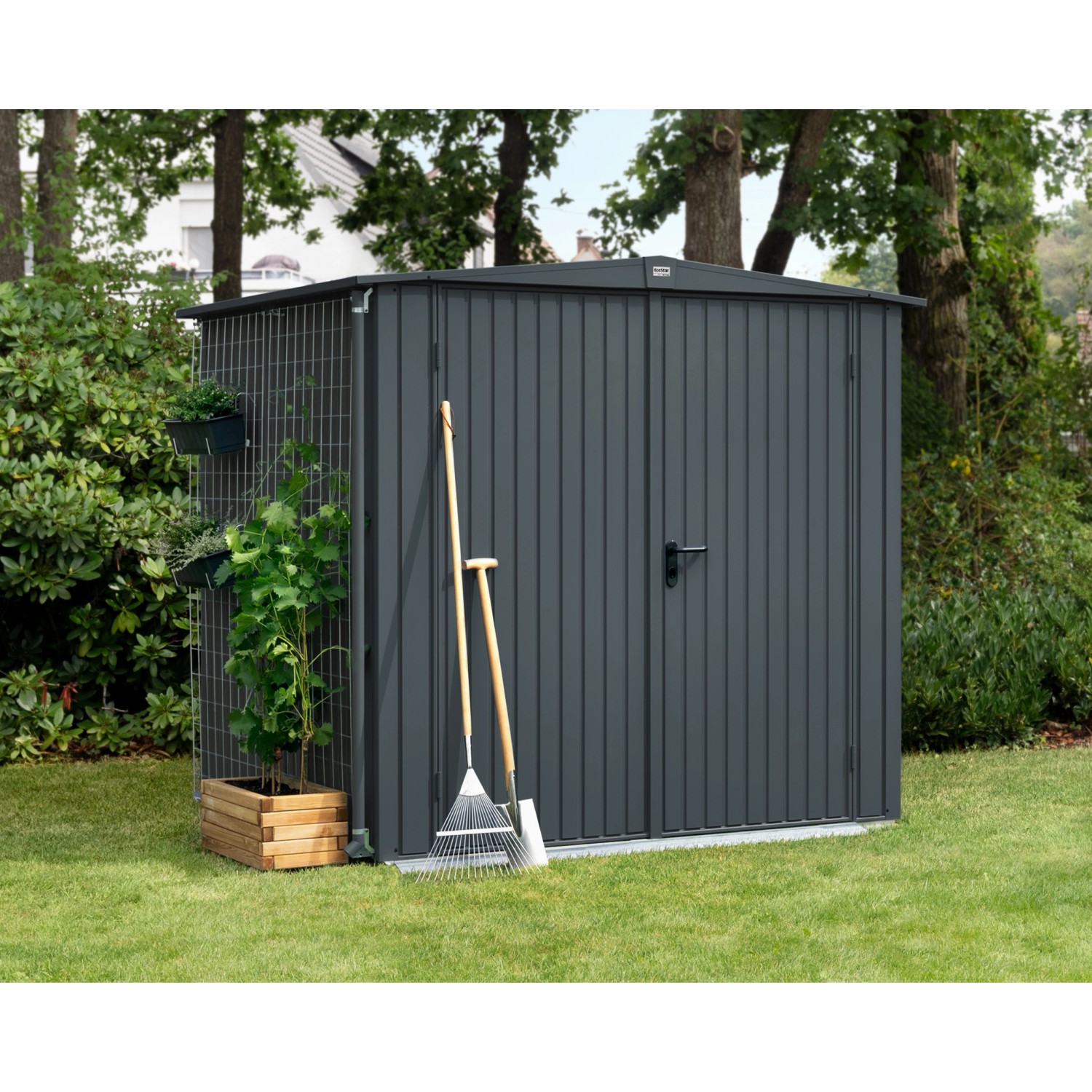 Anthrazitgraues Ecostar Gerätehaus Trend mit Satteldach und Doppeltür im Garten.