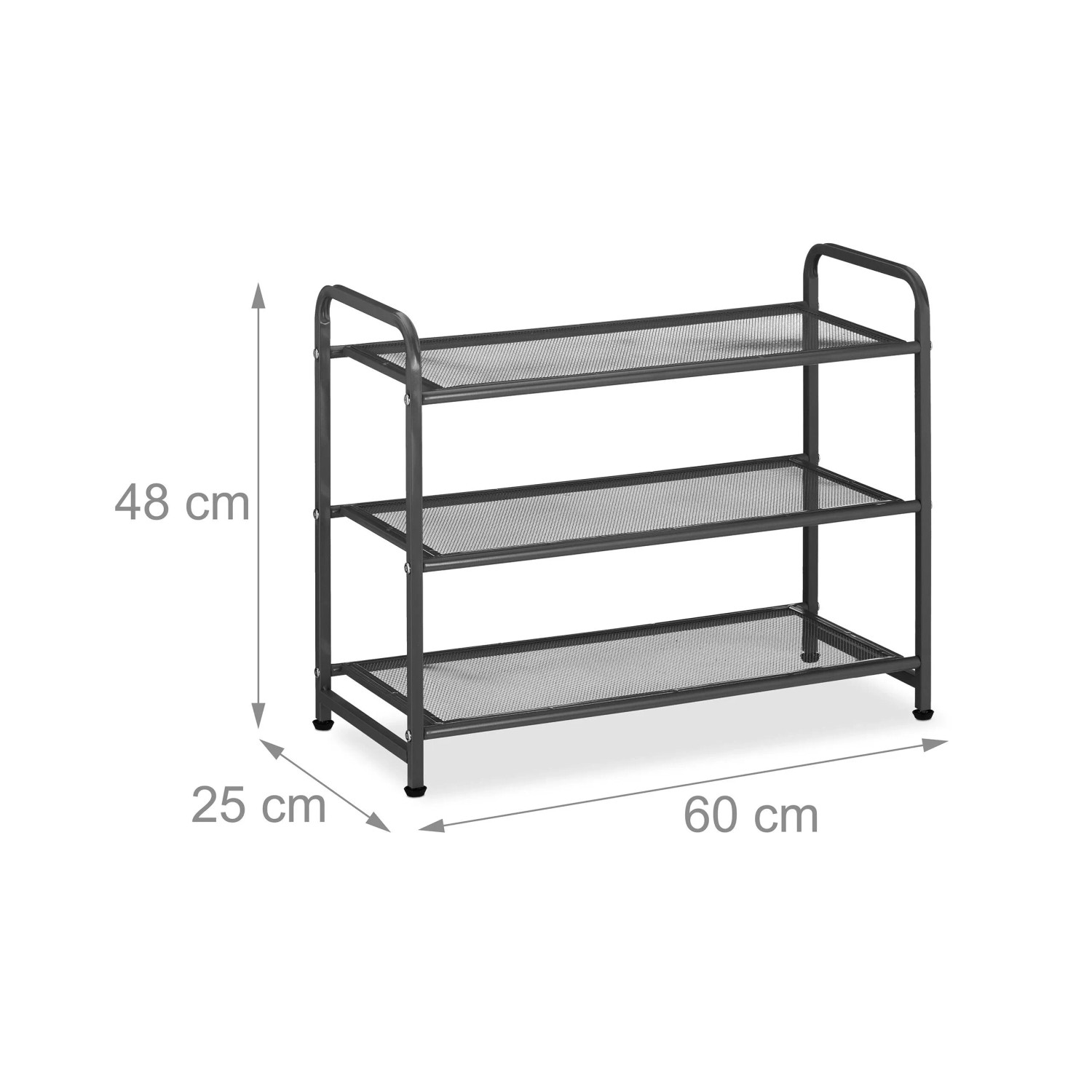 Schwarzes Stahl Schuhregal mit 3 Gitterablagen, 48x60x25 cm. Platzsparender Schuhständer für 6 Paar.