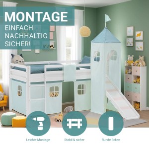Weißes Kinder Hochbett 90x200 mit mintgrüner Rutsche, Turm und Vorhang. Kiefernholz, sicher und stabil für Spiel & Schlaf.