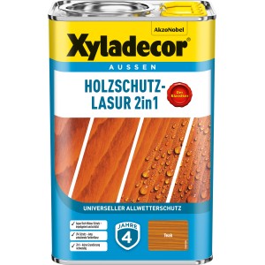 Xyladecor Holzschutz-Lasur 2in1 Teak, 4 l Dose für den Außenbereich. Holzlasur mit Wetterschutz.