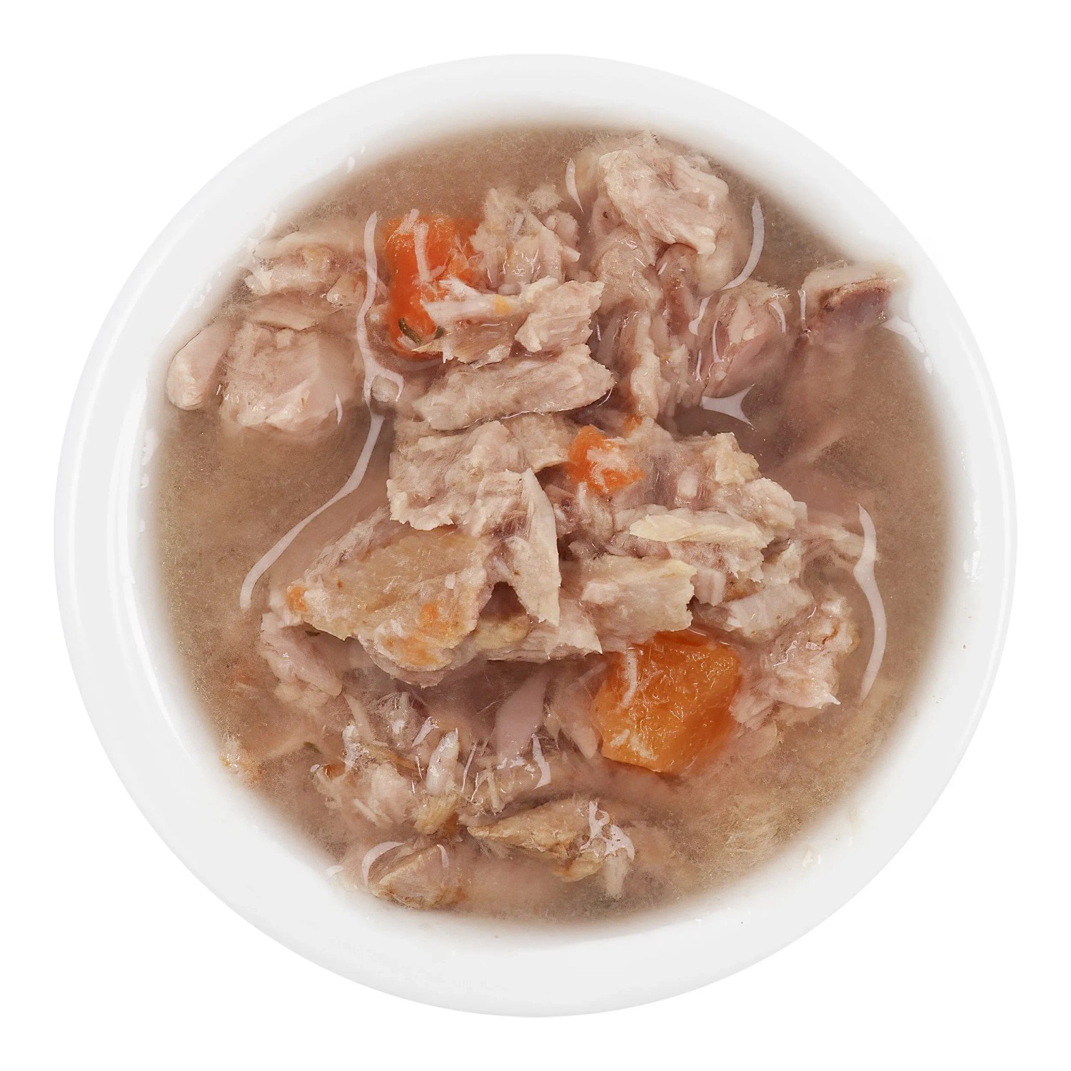 Lucky Lou Katzen-Nassfutter Thunfisch Karotte in Broth, serviert in einer weißen Schale.