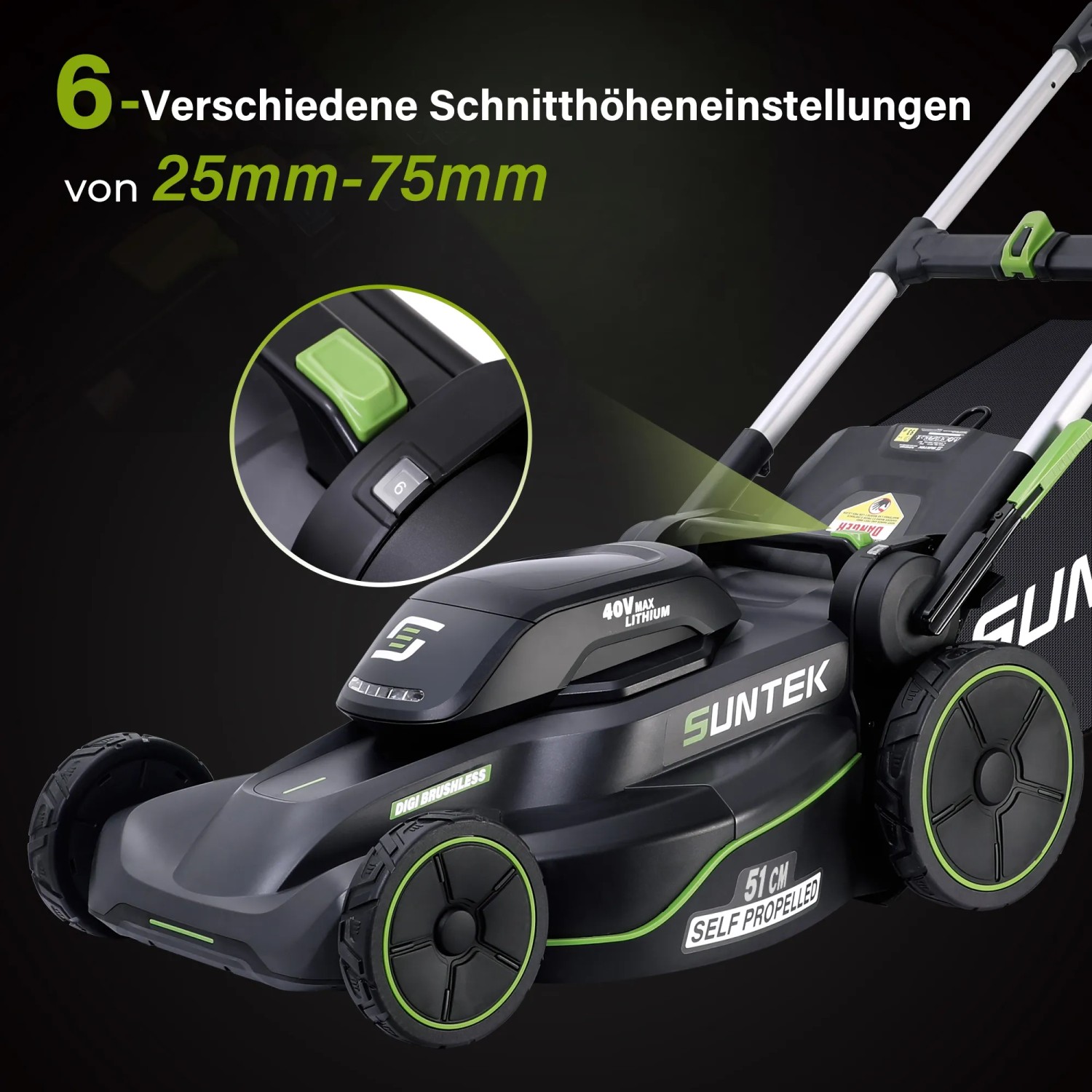 Suntek AkkuRasenmäher 40 V Selbstfahrend inkl. 2 Akkus und Ladegerät