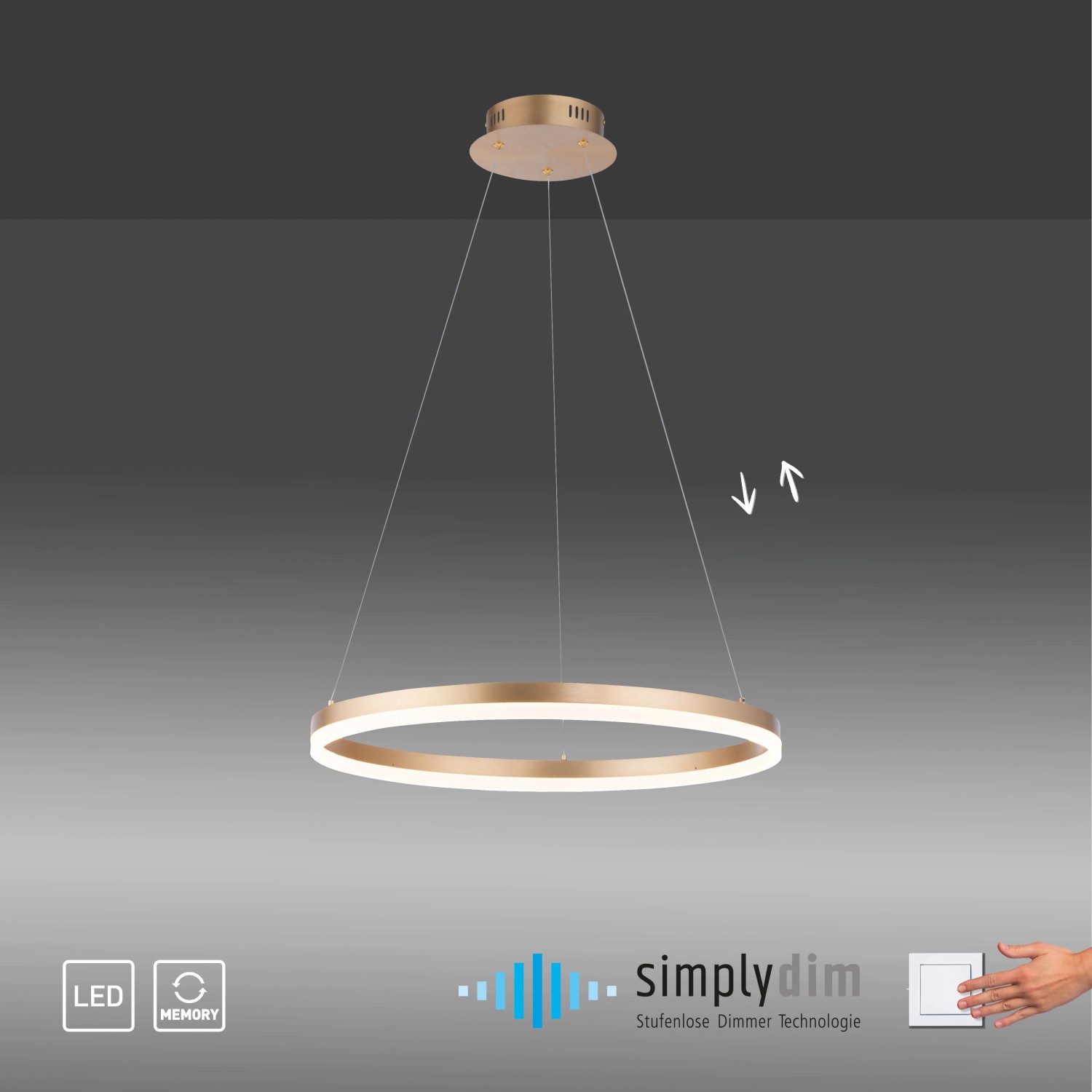 Moderne LED-Pendelleuchte Titus von Paul Neuhaus, 40 cm Durchmesser, Messing matt, dimmbar.