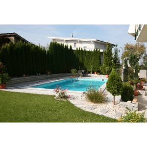 Eingebauter Steinbach Styropor Pool im Garten, umgeben von Grünpflanzen und Bäumen.