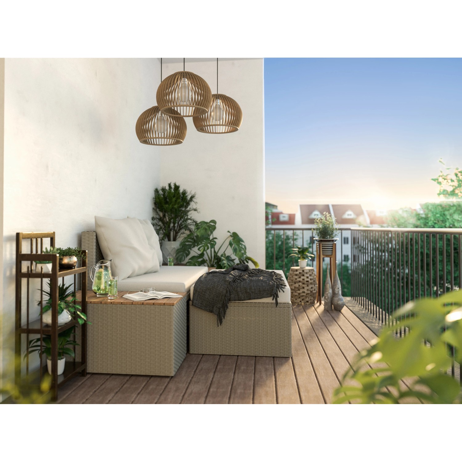 4-teiliges Lounge-Set Bostonia aus Polyrattan in Hellbraun mit Tisch und Sitzbank auf einer Terrasse.