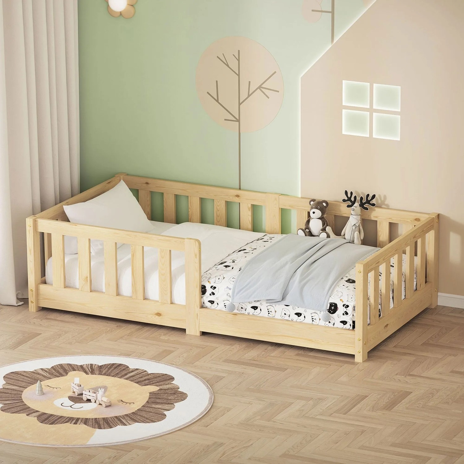 ML-Design Kinderbett 70x140 cm aus hellem Naturholz, Montessori-Stil, mit Matratze und Rausfallschutz.