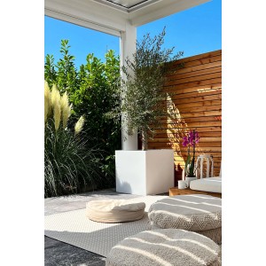 Weißer Vivanno Pflanzkübel Block 60x60x60 cm im Garten mit Olivenbaum.