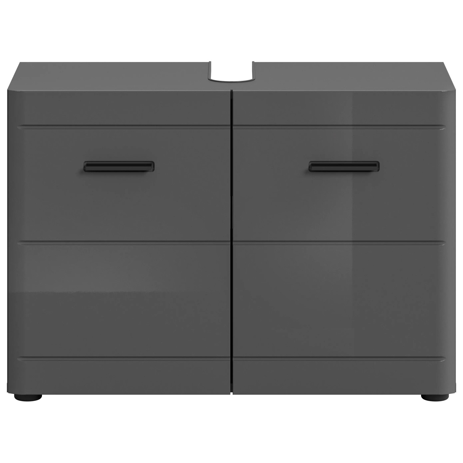 Grauer Waschbeckenunterschrank (80x56x34 cm) mit zwei Türen und Schubladen für Badezimmer.