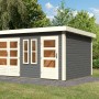 Modernes, terragraues Karibu Holz-Gartenhaus Vännersborg mit Flachdach und zwei Türen.
