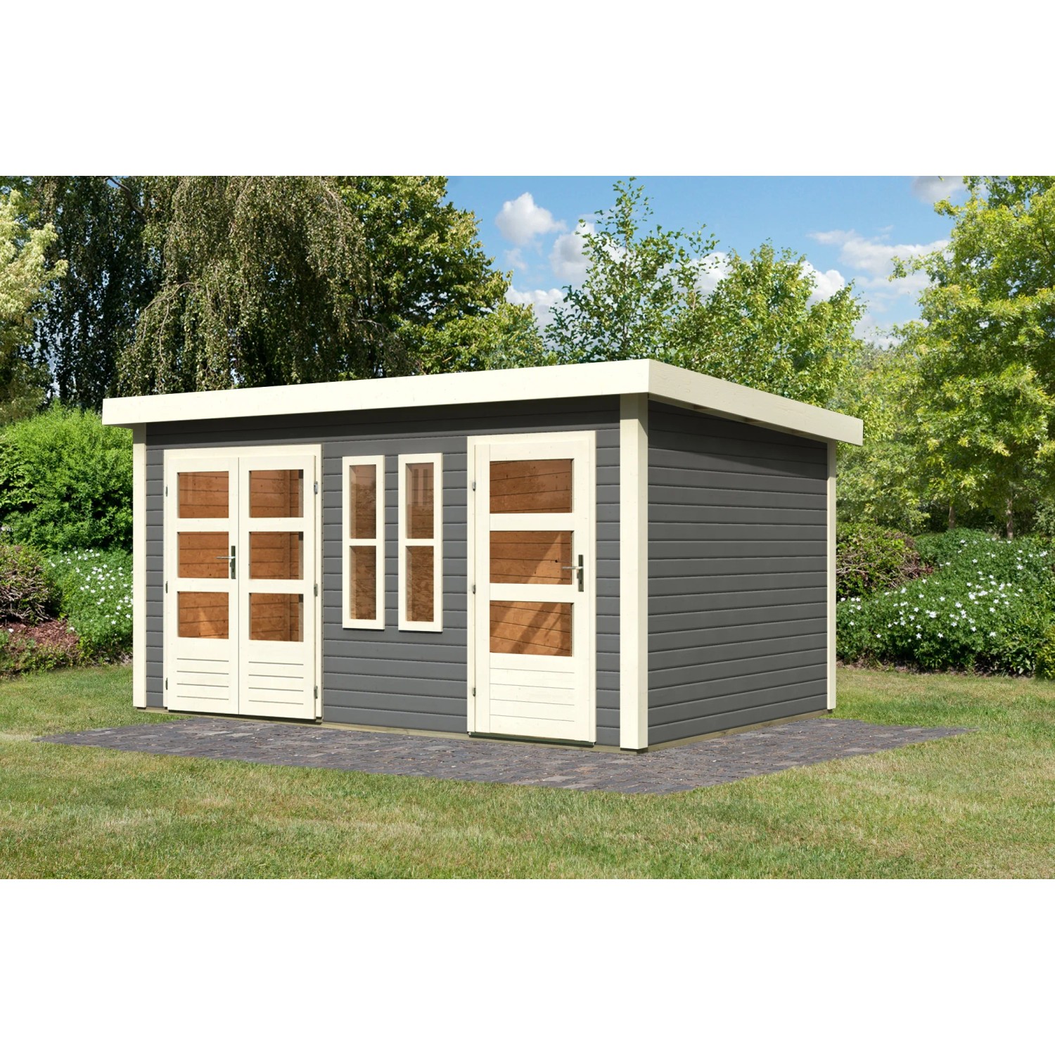 Modernes, terragraues Karibu Holz-Gartenhaus Vännersborg mit Flachdach und zwei Türen.