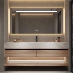Modernes Waschtisch Set 120 cm mit LED Spiegel, Sintersteinplatte, Holzmaserung Unterschrank und Ablage.