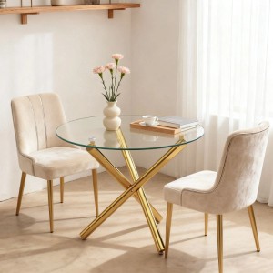 Eleganter okwish Esstisch: runder Glastisch mit goldenem Metall-Kreuzfußgestell, modern, 80x80x76cm.