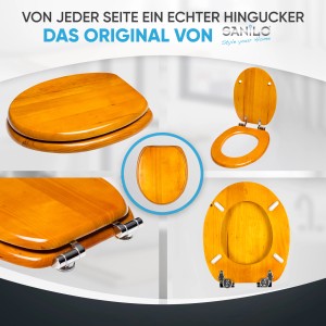 Sanilo WC-Sitz aus Holz mit Absenkautomatik, verschiedene Ansichten.