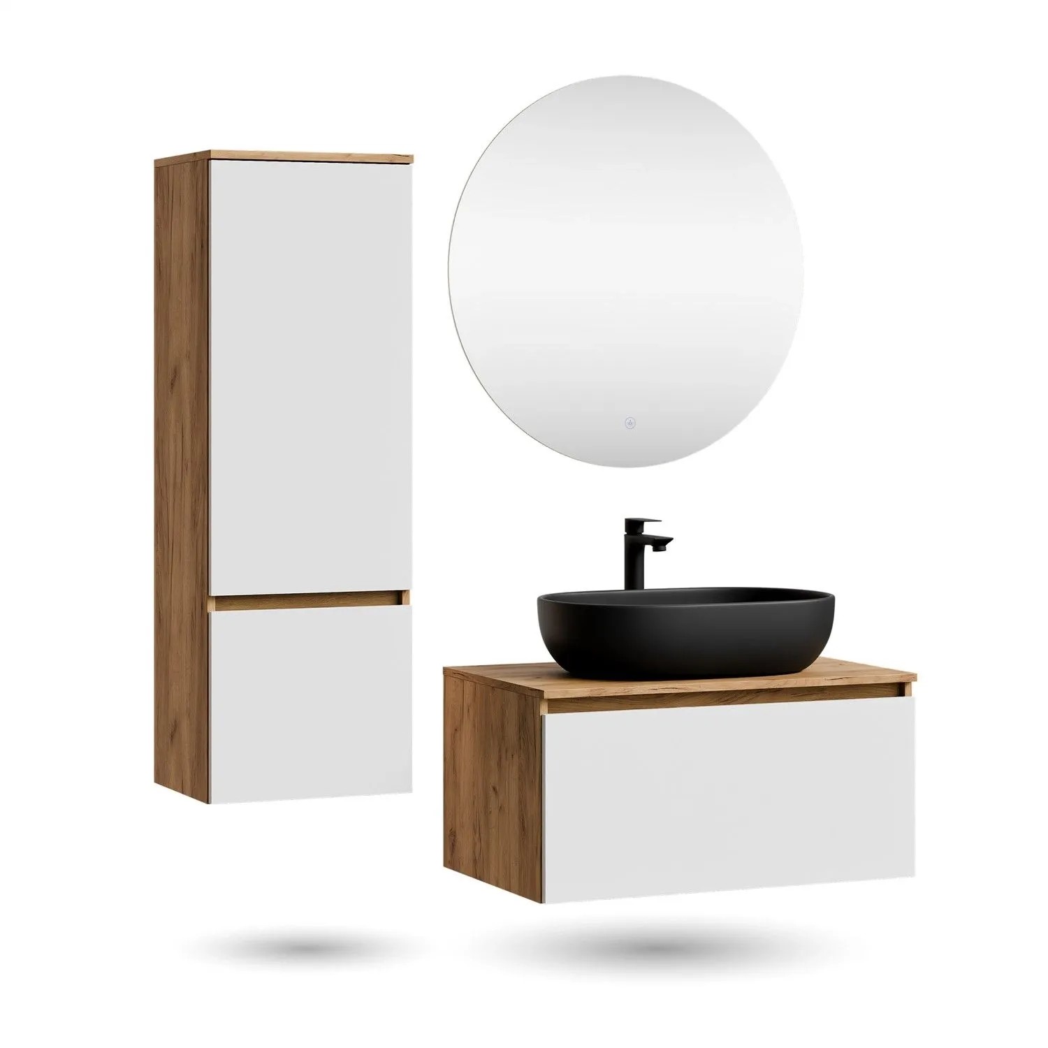 Planetmöbel ARISA Badmöbel Set 80 cm Weiß mit Hochschrank NOVA LED Spiegel und Schwarzem Keramik Aufsatzwaschbecken 60 cm Soft Close