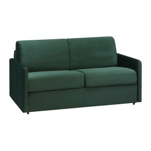 Tannengrünes 2-Sitzer Schlafsofa Calife aus Samt, 150 cm breit. Kompaktes Sofa mit Schlaffunktion.