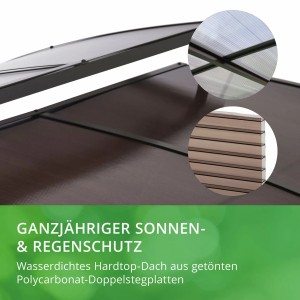 Detailaufnahme des anthrazitfarbenen Leco Grillpavillon-Dachs aus Polycarbonat-Doppelstegplatten.