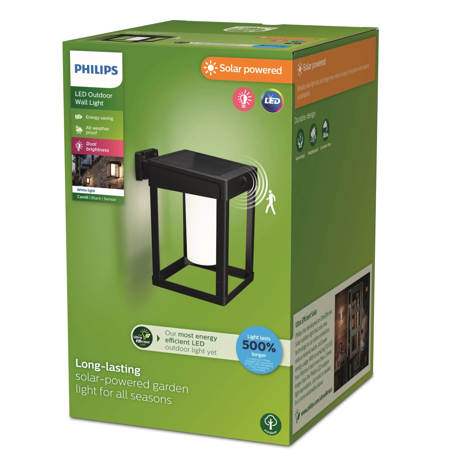 Verpackung der Philips Solar-Wandleuchte Camill, eckig, mit Bewegungssensor. Ideal für die Gartenbeleuchtung.