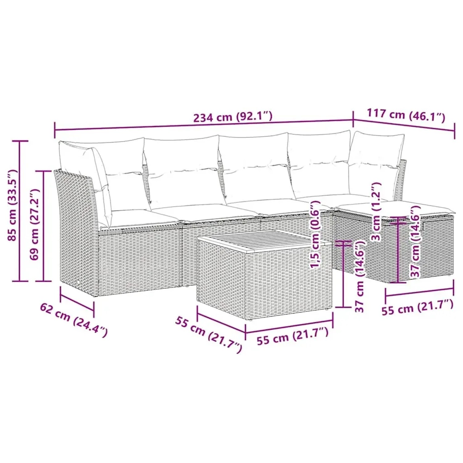 Graue 6-tlg. vidaXL Garten-Sofagarnitur aus Polyrattan mit Kissen, bestehend aus Sofa, Hockern und Tisch.
