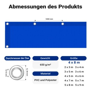 Wiltec Abdeckplane Wetterfest Blau 4X8M Polyester Gartenplane 650G/M² Ösen Plane