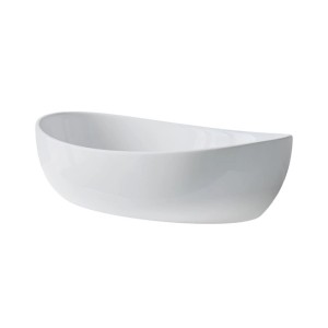 Modernes weißes Aufsatzwaschbecken aus Mineralguss, oval und hochglänzend, mit eleganter, geschwungener Form.
