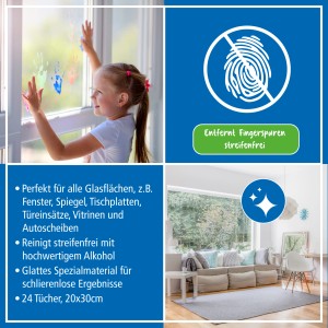 Poliboy Glas-Feuchttücher XXL: Mädchen putzt Fenster mit Putztüchern. Reinigt streifenfrei Glasflächen.
