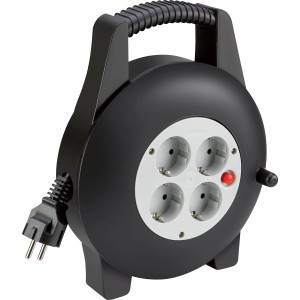 Schwarze Kabeltrommel XP19-D1 mit 10 m Kabel und 4 Steckdosen.