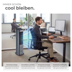 Tectake Luftkühler Alaska im Büro, anthrazitfarben, mit Mann am Schreibtisch.