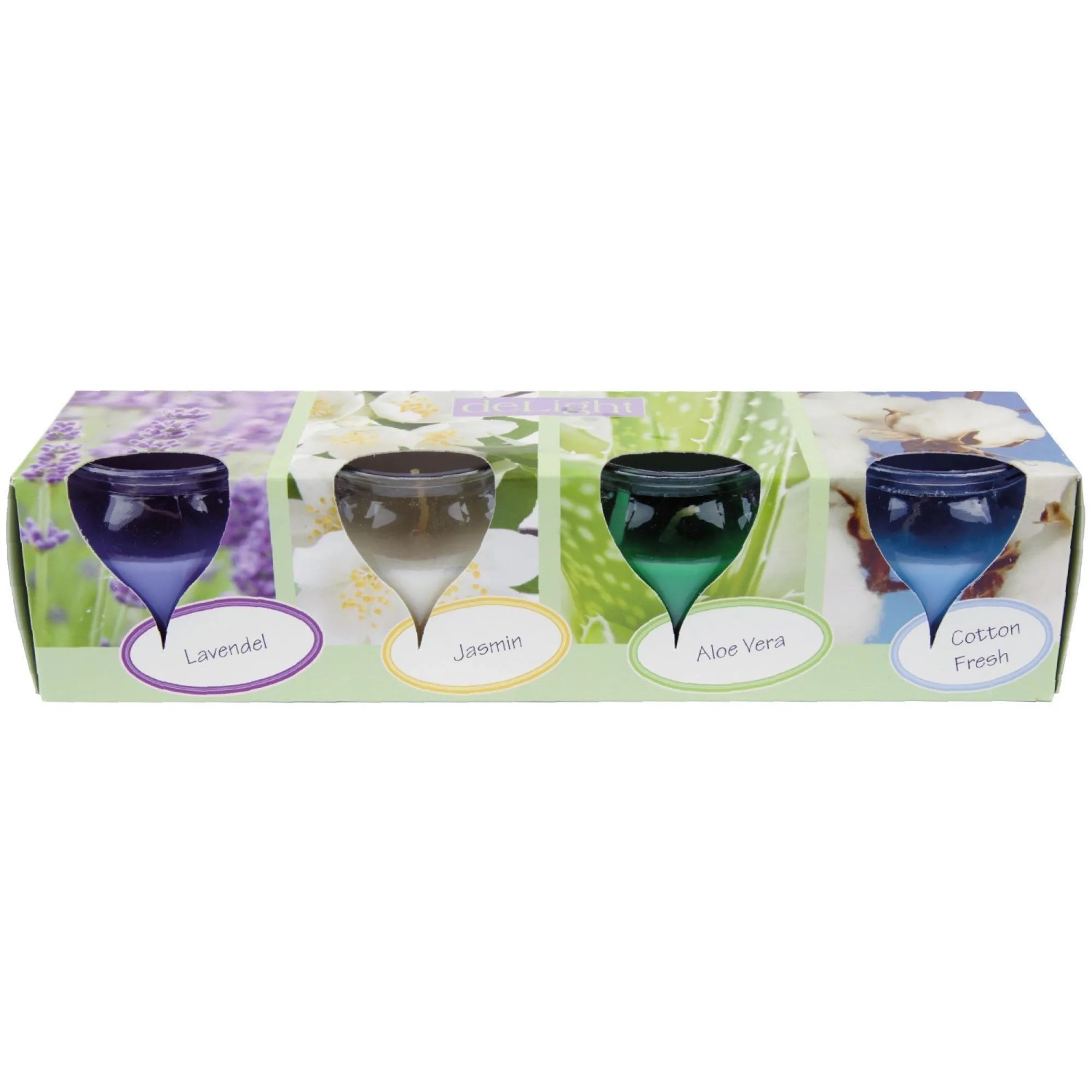 HS Candle Duftkerzen Selection, 4er Mix Floral: Lavendel, Jasmin, Aloe Vera, Cotton Fresh.