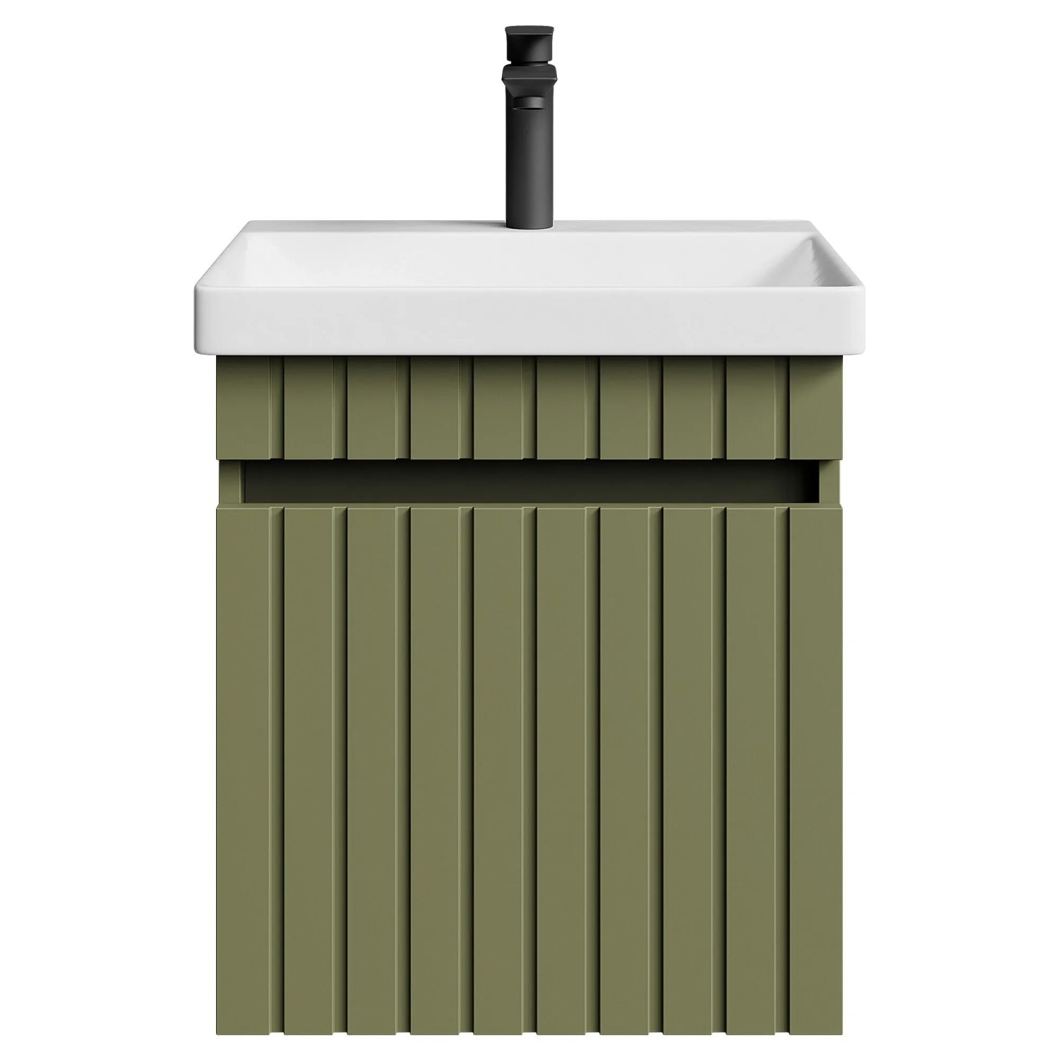 Planetmöbel COSMIA Waschtischunterschrank 50 cm Mintgrün Matt mit Keramikwaschbecken Tür Armatur Matt Schwarz Soft Close