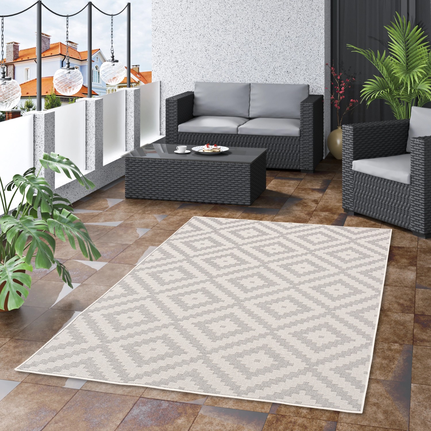 Grauer Pergamon In & Outdoor Teppich Marbella mit Fliesenoptik, 120x170 cm.