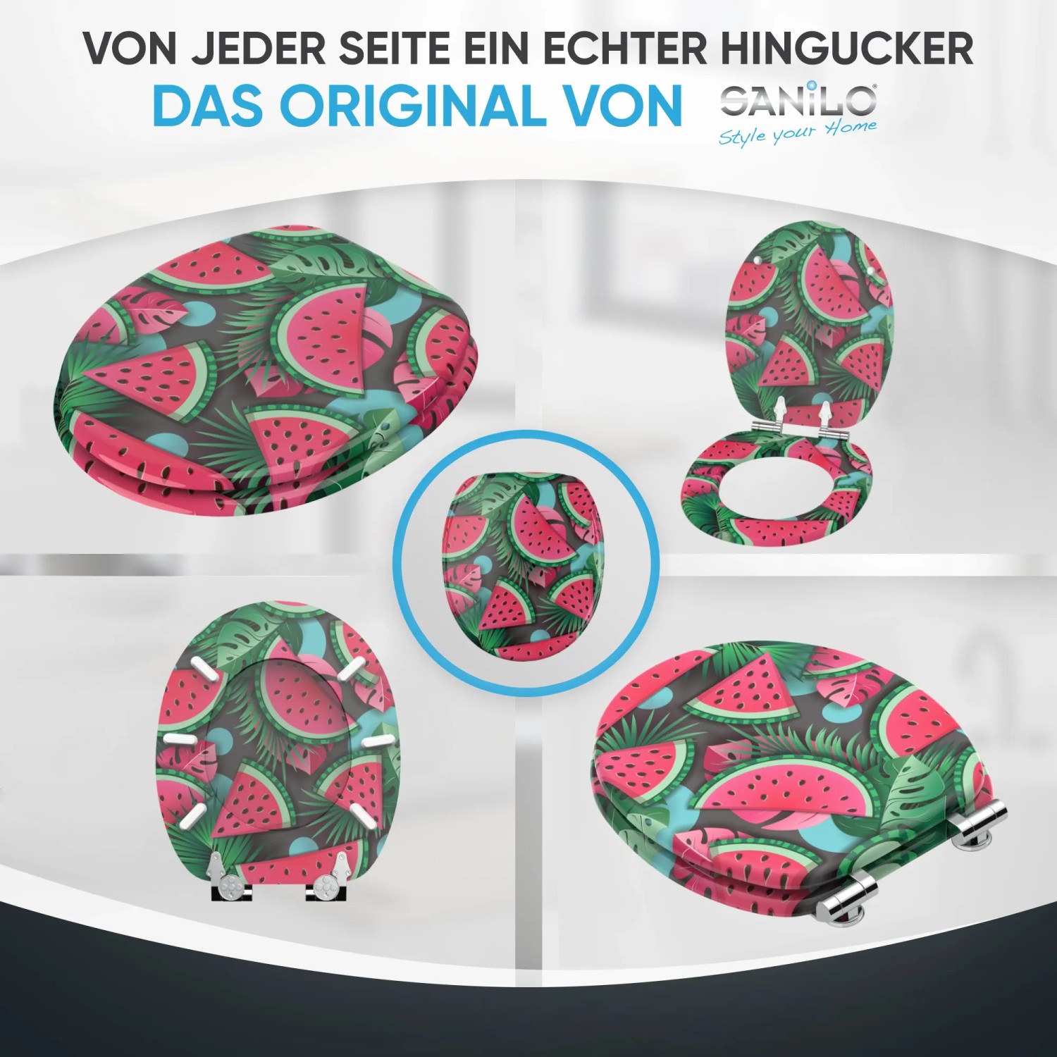 SANILO WC-Sitz Melone mit Absenkautomatik, verschiedene Ansichten.