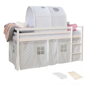 Homestyle4u Hochbett 90x200 Weiß mit Lattenrost und Matratze Tunnel 2772