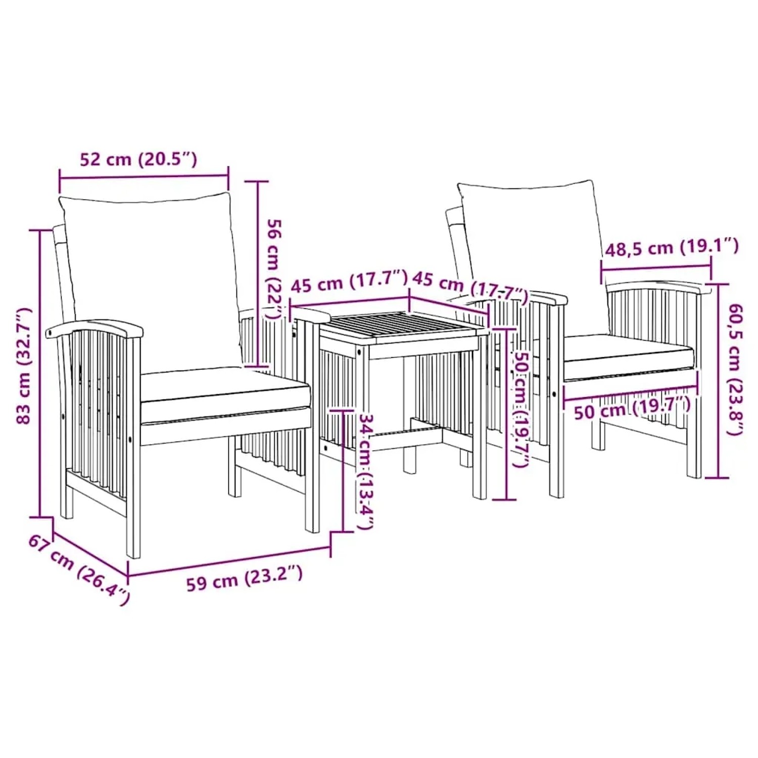 vidaXL 3-tlg. Gartenlounge-Set aus Akazienholz mit Kissen, Maßeinteilungen.