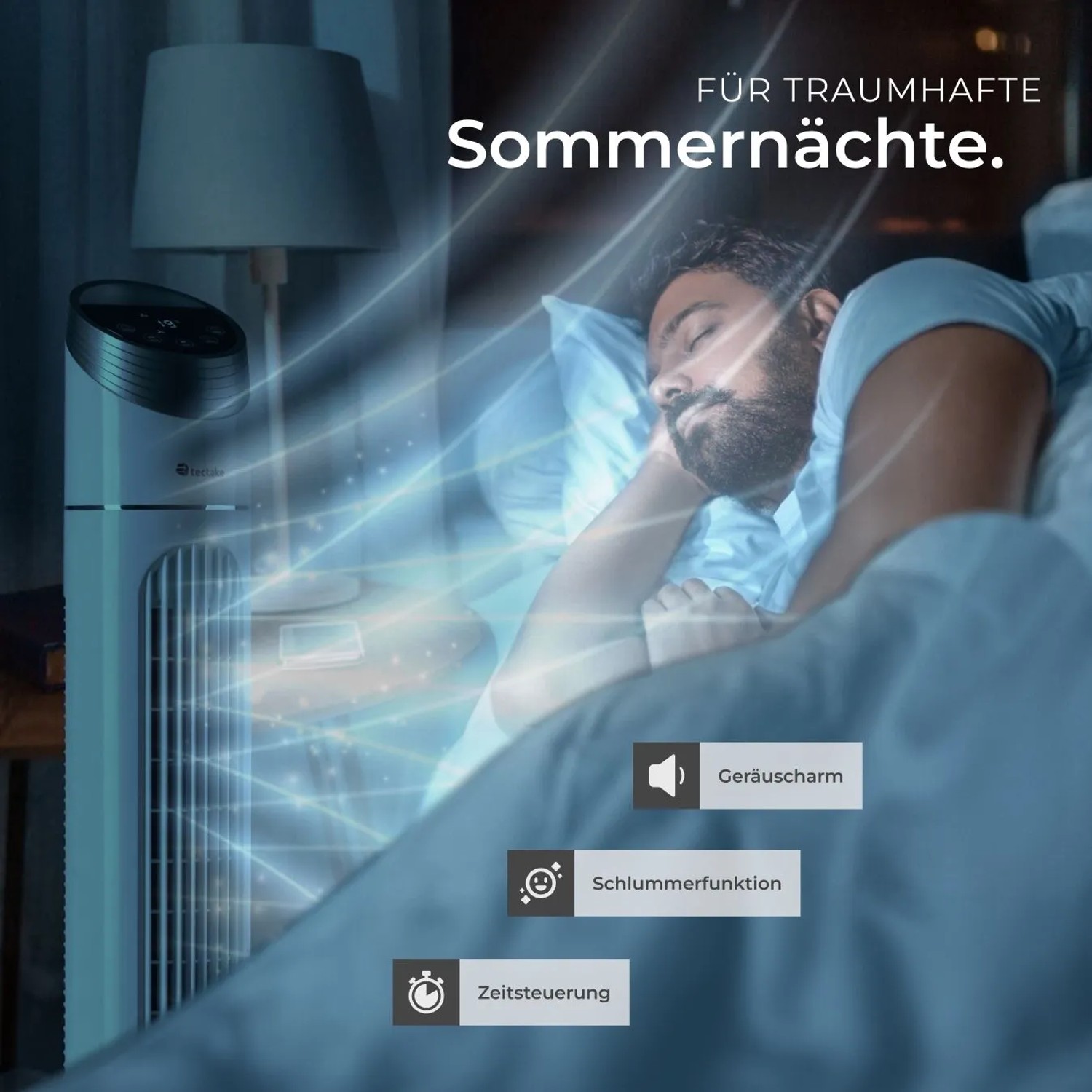 Weißer Tectake Turmventilator im Schlafzimmer für eine angenehme Nachtruhe.