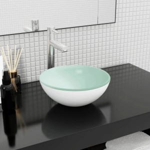 Weißes vidaXL Waschbecken aus Hartglas, 30x12 cm, auf schwarzer Ablage im Badezimmer.