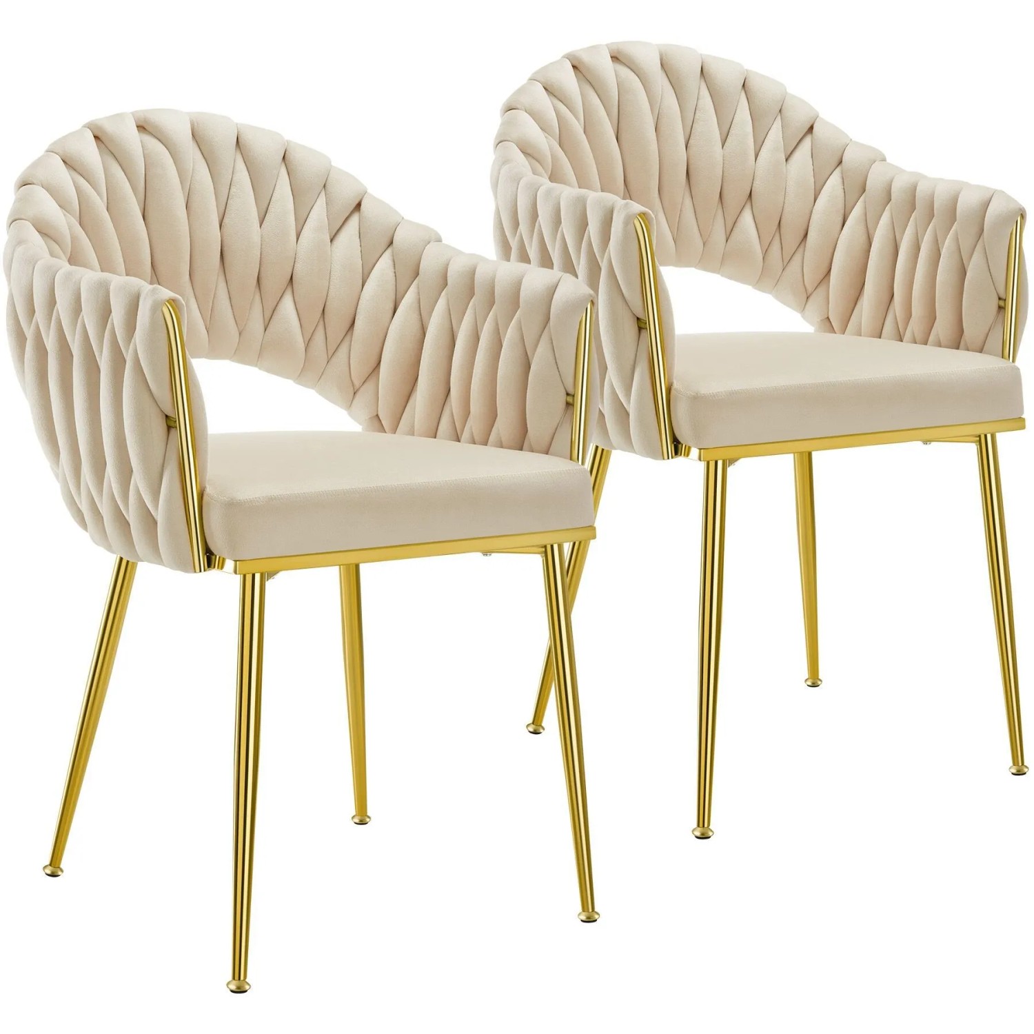 Tectake Esszimmerstuhl Caslano Gepolstert  Mit Samtbezug Durchgehende Lehne Im Flechtdesign 2Er Set 57 x 55 x 84 cm Sandfarben Gold