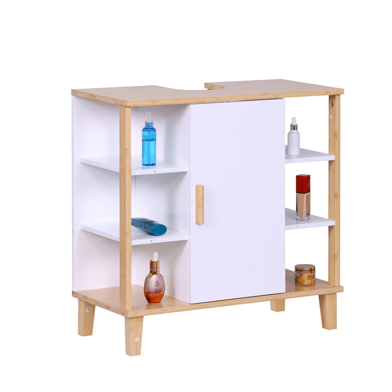 Relaxdays Waschbeckenunterschrank MDF Bambus Weiß Natur mit Türfach und Ablagen 65 cm x 64 cm x 31 cm