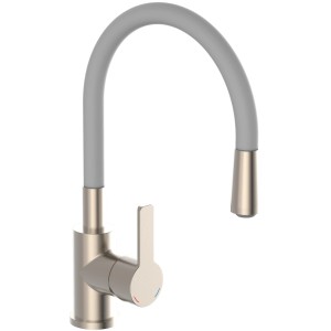 Eisl Spültischarmatur in Edelstahloptik mit hellgrauem, flexiblem Auslauf.