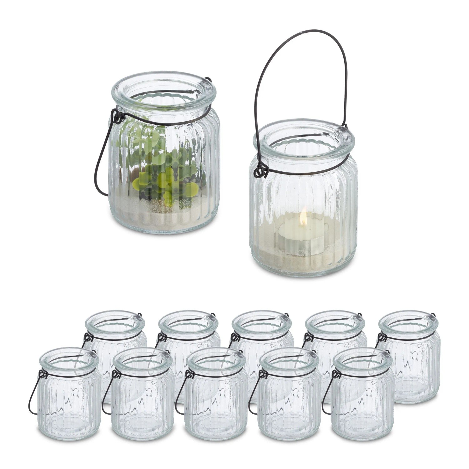 Relaxdays Windlicht 12er Set Glas Eisen Transparent Schwarz 9,5 cm x 8 cm 0,2 kg