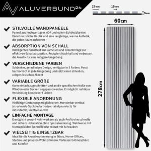 Aluverbund24 Akustik-Wandpaneel Slim 278x60cm Eiche Asos Holz Akustikpaneele Wandverkleidung Helle Holzlamellen Wand