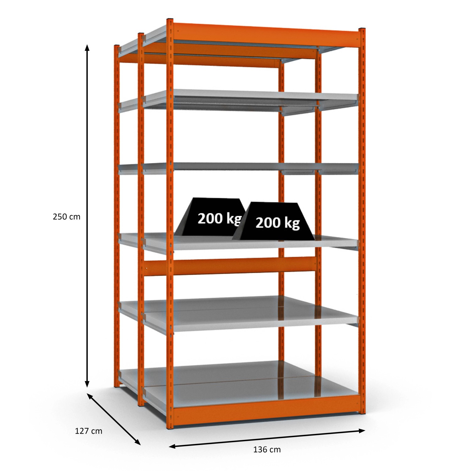 PROREGAL Fachbodenregal, Stecksystem, 250x132,5x60cm, 2x6 Ebenen, orange. Grundregal mit hoher Fachlast.