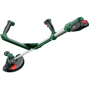 Bosch Akku-Rasentrimmer UniversalGrassCut 18V-26, Akku-Trimmer mit grünem Gehäuse und schwarzem Akku.